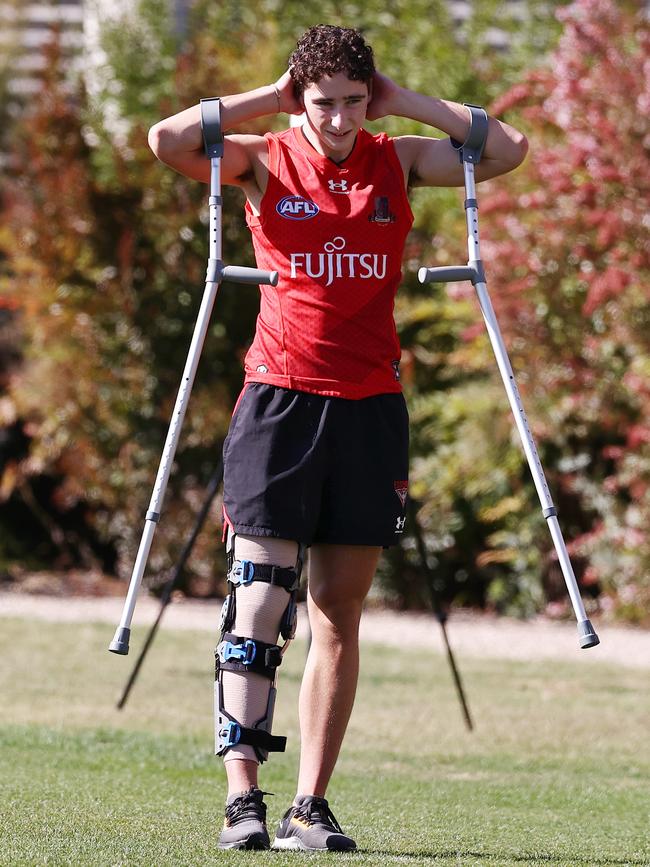 Elijah Tsatas on crutches in February. Pic: Michael Klein