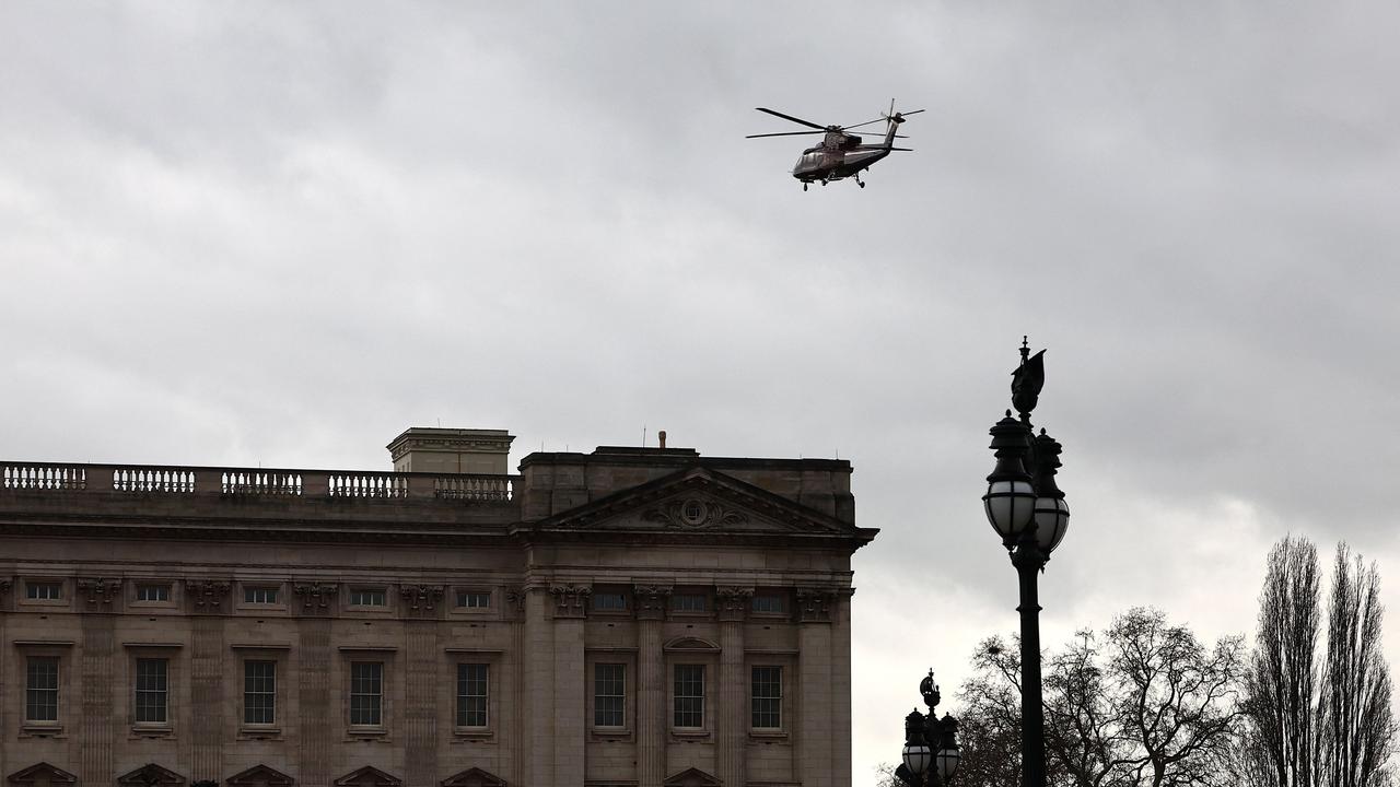 A helicopter is pictured as it prepares to land in the grounds of Buckingham Palace in London on February 6, 2024. Picture: AFP