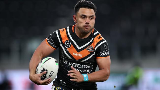 The Tigers’ continued reluctance to release either David Nofoaluma (pictured) or Tommy Talau could sink the Josh Addo-Carr deal with the joint venture. (Photo by Cameron Spencer/Getty Images)