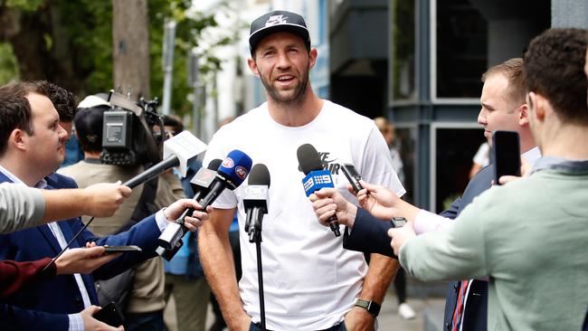 Travis Cloke speaks to the media after announcing his retirement. Picture: Getty Images