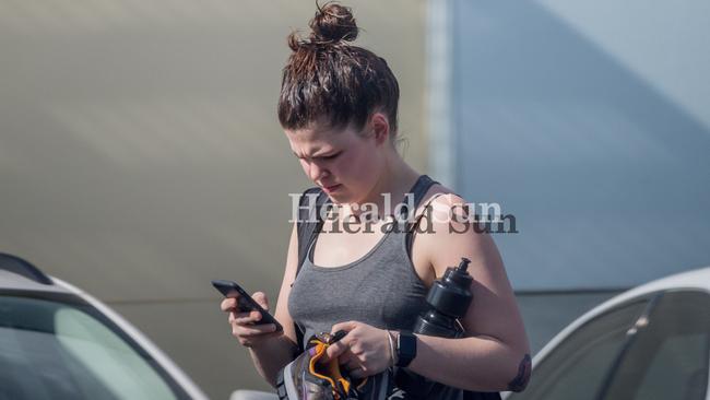 Disgraced wellness blogger Belle Gibson walks from the Reservoir Leisure Centre last year. Picture: Jake Nowakowski.