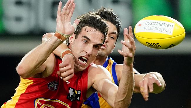 Gold Coast Sun Ben King competes for the ball during the Suns’ 44-point win over West Coast in Round 2. Picture: Dave Hunt/AAP