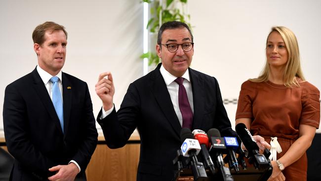 Trade and investment minister Stephen Patterson, Premier Steven Marshall and AWS head of channel and alliances Davinia Simon. Picture: Tricia Watkinson