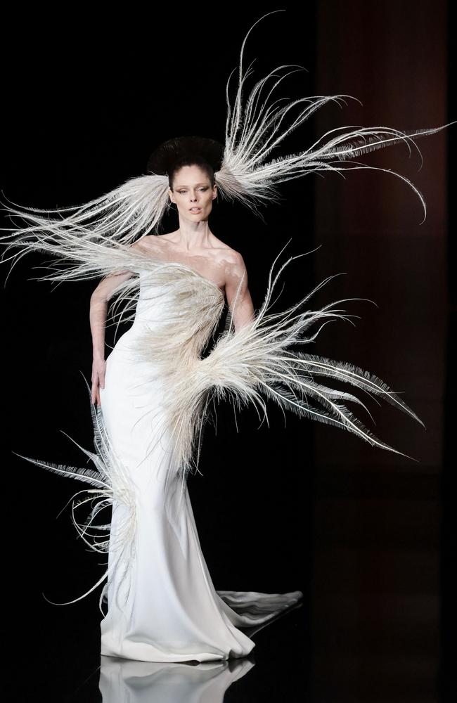 Supermodel Coco Rocha poses in a feathery creation for Stephane Rolland. Picture: Thibaud Moritz/AFP