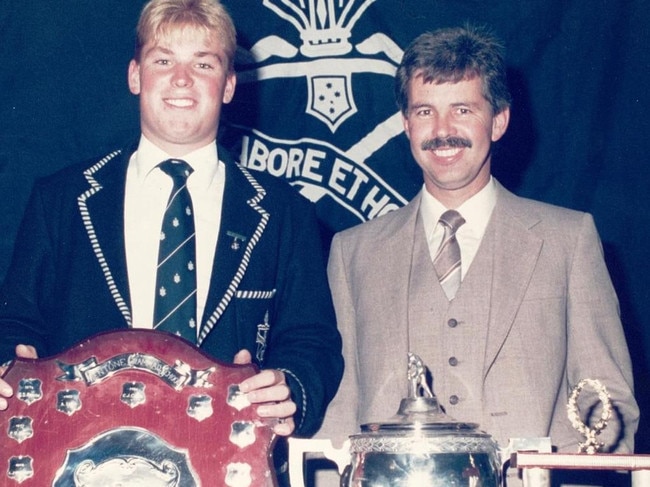 Shane Warne with Mentone Grammar coach Barrie Irons in his days at the school. Picture: Supplied