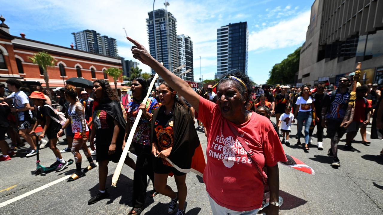 BRISBANE, AUSTRALIA - NewsWire Photos - JANUARY 26, 2023. Protesters take part in an Invasion Day rally and march in Brisbane, coinciding with Australia Day. Picture: NCA Newswire / Dan Peled