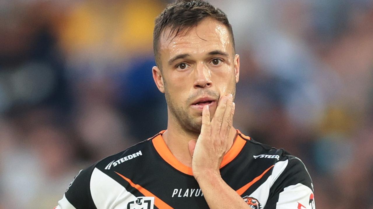SYDNEY, AUSTRALIA - APRIL 10: Luke Brooks of the Wests Tigers looks dejected during the round six NRL match between Wests Tigers and Parramatta Eels at Accor Stadium on April 10, 2023 in Sydney, Australia. (Photo by Mark Metcalfe/Getty Images)