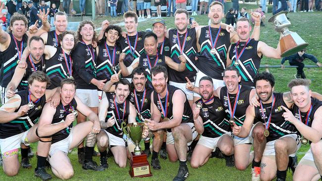 Omeo District FNL, Grand Final, Swifts Creek Demons V Omeo Benambra Rangers, at Swan Reach, the winners Omeo Benambra,   Picture Yuri Kouzmin