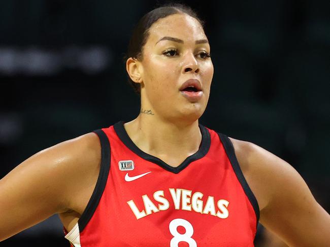 EVERETT, WASHINGTON - MAY 15: Liz Cambage #8 of the Las Vegas Aces looks on during the first quarter against the Seattle Storm at Angel of the Winds Arena on May 15, 2021 in Everett, Washington. NOTE TO USER: User expressly acknowledges and agrees that, by downloading and or using this Photograph, user is consenting to the terms and conditions of the Getty Images License Agreement. (Photo by Abbie Parr/Getty Images)