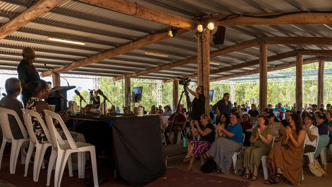 A speaker talks at the Key Forum during Garma Festival 2022. Picture: Tamati Smith/ Getty Images