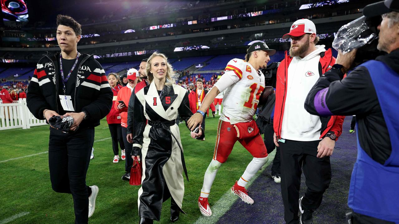 Jackson, Brittany and Patrick Mahomes after the Chiefs secured their spot in the Super Bowl. (Photo by Patrick Smith/Getty)