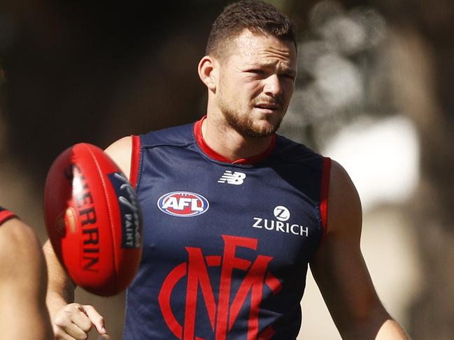 Steven May (right) is seen during a Melbourne Demons training session at Gosch's Paddock in Melbourne, Monday, March 18, 2019.  (AAP Image/Daniel Pockett) NO ARCHIVING