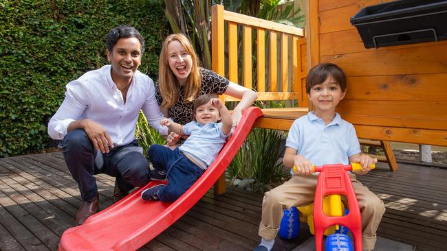 Renee Kelly with her husband Karvan Jayaweera and their two kids Luke, 4 and William, 1, story about the latest research in IVF and new techniques being trialled to improve pregnancy rates. Picture: Jason Edwards Renee has a s