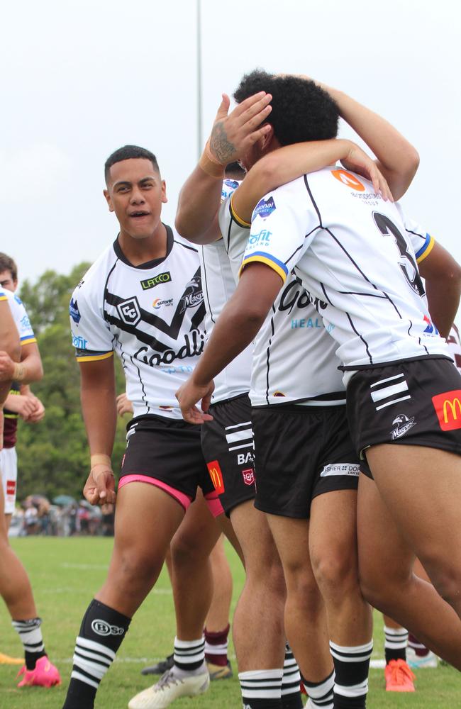 Mace Andrew and teammates. Connell Cup under-17s action between the Souths Logan Magpies and Burleigh Bears. Saturday February 10, 2024.