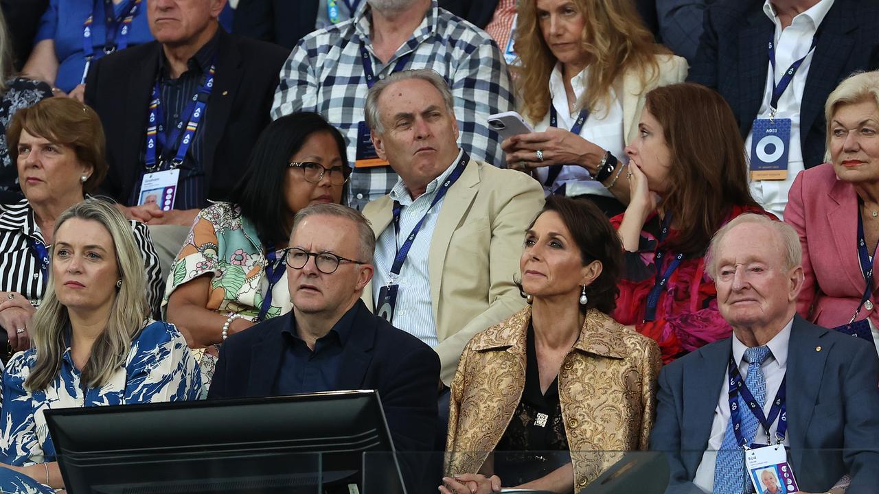 Albanese and partner Jodie Haydon, Jayne Hrdlicka and Rod Laver watch the men’s singles final on Sunday evening. Picture: Cameron Spencer/Getty Images