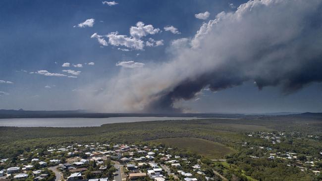 An aerial view shows the bushfire impacting Cooroibah and Tewantin. Picture: AAP Image/Rob Maccoll