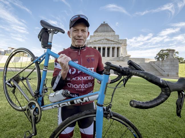 Former prime minister Tony Abbott taking part in the Pollie Pedal Bike Ride starting at the Shrine of Remembrance in Melbourne on Sunday. Picture: Luis Ascui