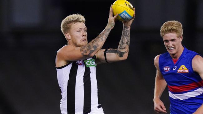 Collingwood forward Jordan de Goey could have more stints in the midfield with shorter quarters. Picture: AAP