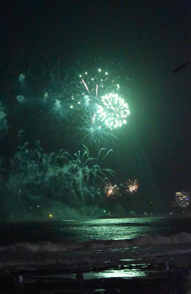 Fireworks light up the night sky over Mooloolaba as thousands turned out to watch and bring in the New Year. Photo: Elizabeth Neil