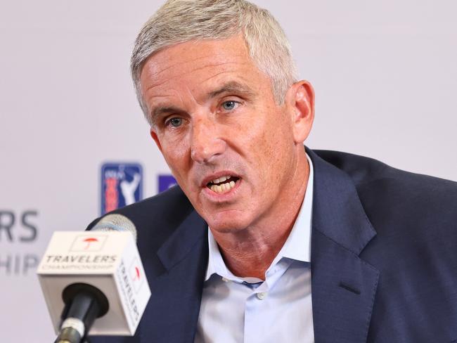 CROMWELL, CONNECTICUT - JUNE 22: PGA Tour Commissioner Jay Monahan addresses the media during a press conference prior to the Travelers Championship at TPC River Highlands on June 22, 2022 in Cromwell, Connecticut. (Photo by Michael Reaves/Getty Images)