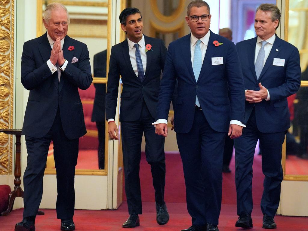 King Charles III (far left) arrives with (l-r) Prime Minister Rishi Sunak, COP26 president Alok Sharma and Brian Moynihan, Chair and CEO of Bank of America and Co-Chair of Sustainable Markets Initiative, during a reception for world leaders, business figures, environmentalists and NGOs, at Buckingham Palace ahead of the COP27 Summit on November 4, 2022. Picture: Jonathan Brady/Getty Images