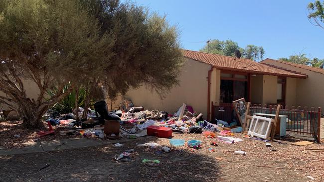 Rubbish is strewn outside the Semaphore Park Housing SA property. Picture: Caleb Bond