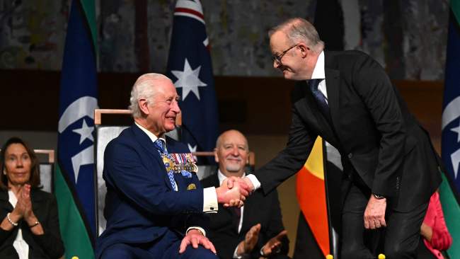 King Charles uses his speech at Parliament House to reflect on his first visit to Australia almost 60 years ago. Picture: LUKAS COCH / POOL / AFP