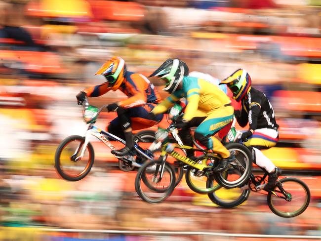Twan van Gendt of the Netherlands and Sam Willoughby of Australia compete in the BMX finals.