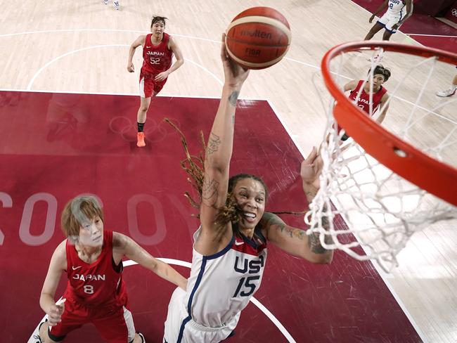 Brittney Griner drives to the basket against Japan in the women’s basketball final. Picture: Getty Images