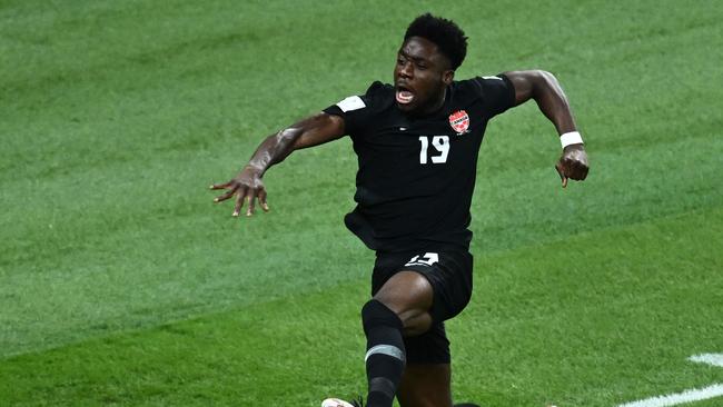 Alphonso Davies celebrates his early goal against Croatia.