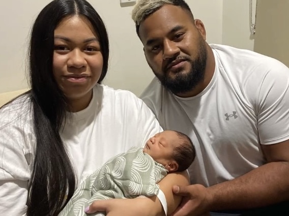 Taniela Tupou with partner Molly Evans and their baby Nela.