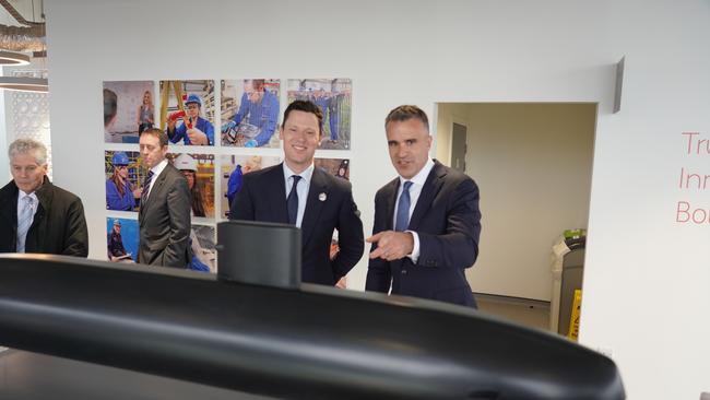 Premier Peter Malinauskas and UK Defence Procurement Minister Alex Chalk at the Barrow-in-Furness nuclear submarine shipyard operated by BAE Systems. Picture: supplied