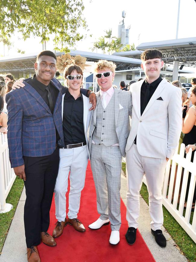 Gabriel Philemon, William Wallace, Huey Liston, and Brodie Halpin at the 2023 Caloundra State High School Year 12 formal. Picture: Patrick Woods.