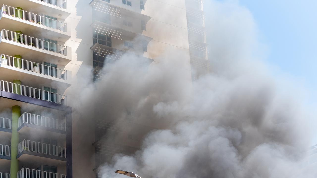 A fire has totally destroyed a house right next to DarwinÃ&#149;s tallest high-rise building, with the full range of emergency services rushing to the scene of the ferocious blaze. The fire on McMinn St is under investigation. picture: Che Chorley