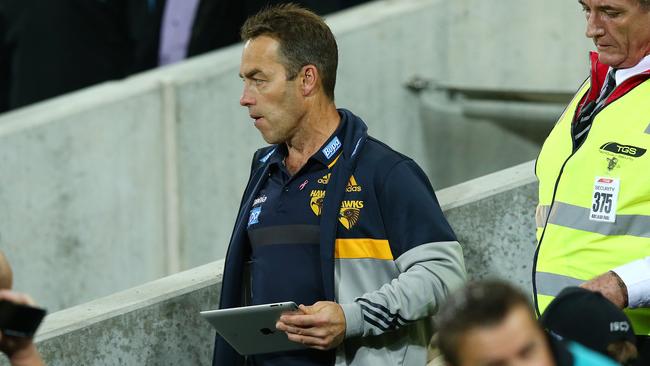 AFL - Port Adelaide v Hawthorn, Anzac Day, Adelaide Oval. Alastair Clarkson walks onto the oval for 3 quarter time. Photo Sarah Reed