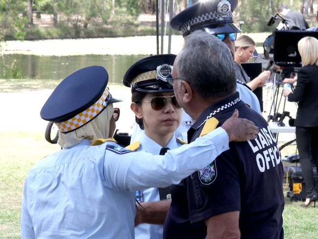 Mourners at the memorial service with full police honours for constables Rachel McCrow and Matthew Arnold at Brisbane Entertainment Centre. Picture: Steve Pohlner