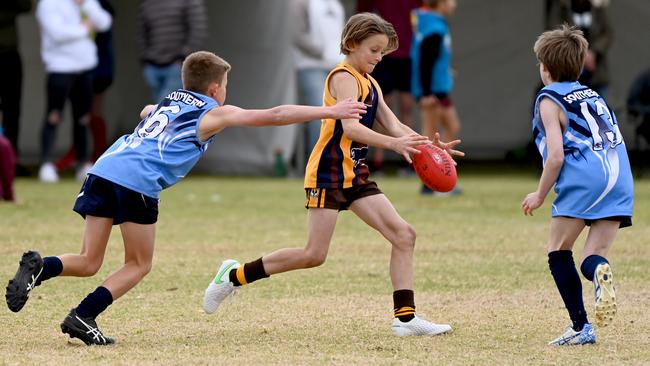 Central Eyre Peninsula in action against Southern Fleurieu at the School Sport SA Sapsasa Country Football Carnival at West Beach. Picture: Naomi Jellicoe