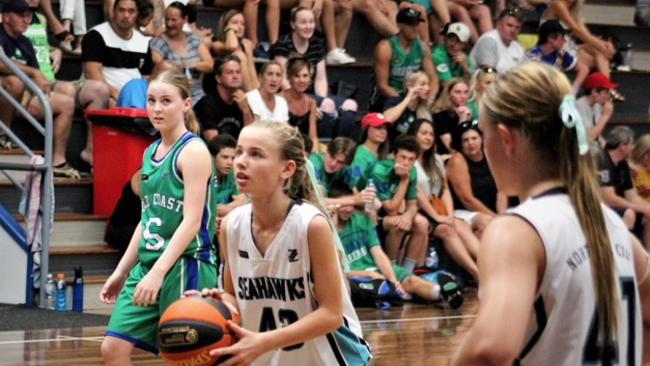 North Gold Coast Seahawks under-16 girls team with star player Katie Deeble.