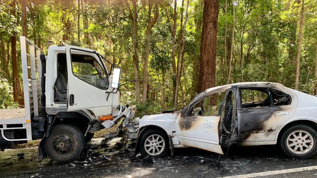 Emergency services have responded to a car and truck crash on Blackall Range Rd, Woombye.