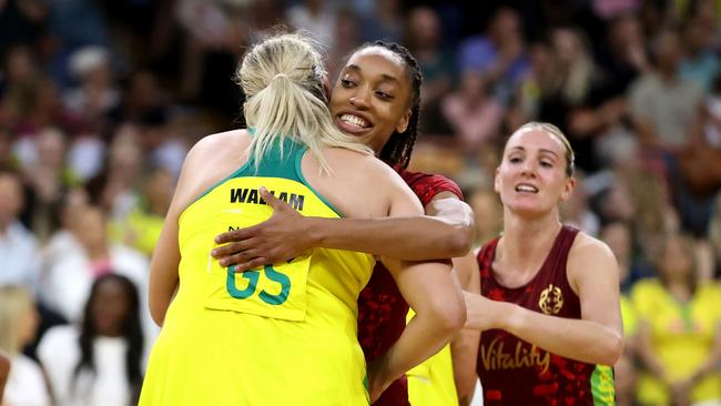 Donnell Wallam was warmly embraced by teammates and her English opponents post-match. Picture: Brendon Thorne