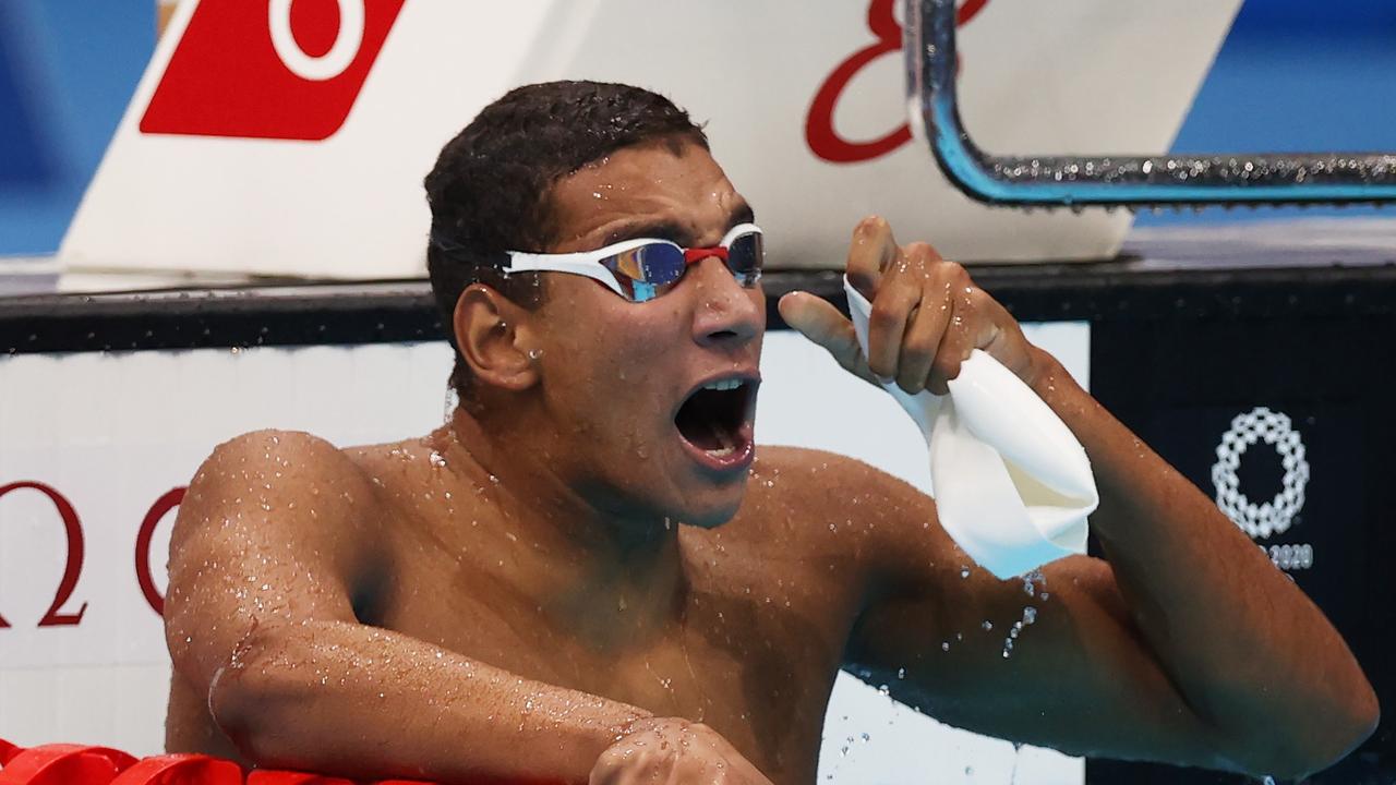 Ahmed Hafnaoui of Team Tunisia celebrates after winning the gold medal in the Men's 400m Freestyle. Picture: Al Bello/Getty Images