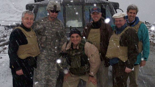 Then senators Chuck Hagel, left, Joe Biden and John Kerry, right, in Afghanistan in 2008. Picture: US Department Of State