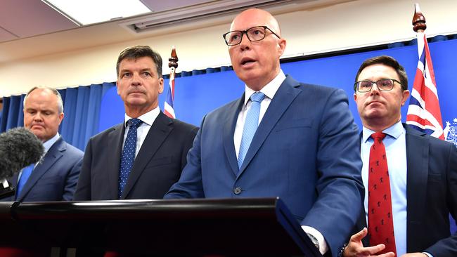 Opposition Leader Peter Dutton announces the Coalition’s nuclear energy policy costings alongside Ted O’Brien, Angus Taylor and David Littleproud in Brisbane on Friday. Picture: John Gass / NewsWire