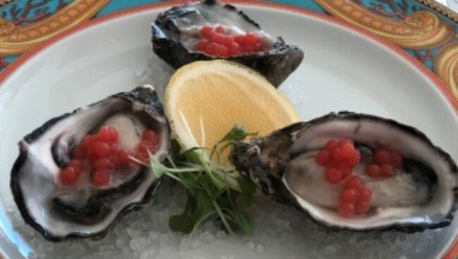 Bruny Island oysters with blood orange caviar in Vanitas restaurant. Picture: Kylie Lang