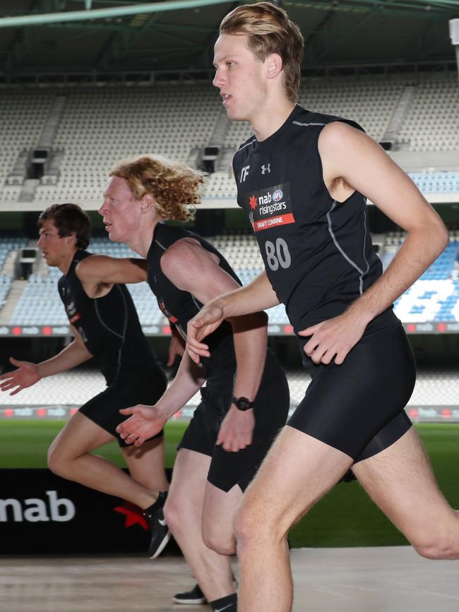 Woodville-West Torrens' Jack Lukosius, front, during the 2018 AFL Draft Combine at Marvel Stadium in Melbourne. Picture: AAP Image/David Crosling