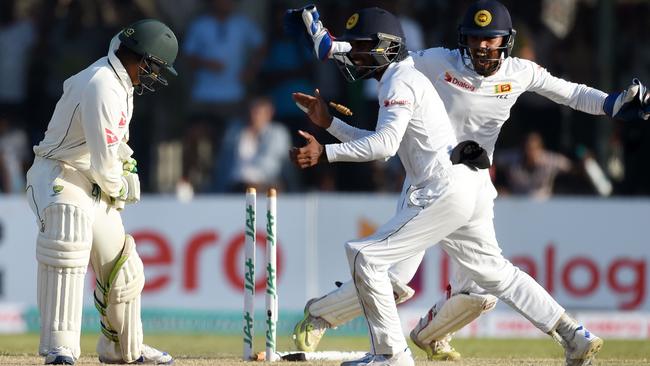 Australia;s Usman Khawaja looks on after being bowled against Sri Lanka at Galle, 2016.