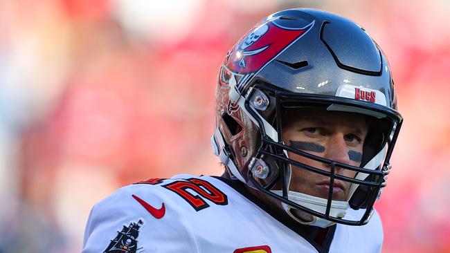 TAMPA, FLORIDA - JANUARY 23: Tom Brady #12 of the Tampa Bay Buccaneers reacts in the second quarter of the game against the Los Angeles Rams in the NFC Divisional Playoff game at Raymond James Stadium on January 23, 2022 in Tampa, Florida. (Photo by Kevin C. Cox/Getty Images)