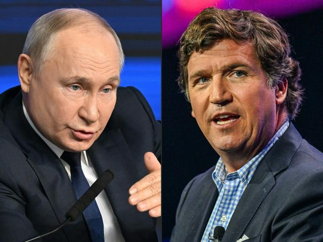 Russian President Vladimir Putin (L) defended his decision to invade Ukraine in an interview with US conservative political commentator Tucker Carlson