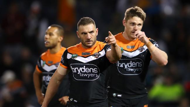 SYDNEY, AUSTRALIA - AUGUST 23: Robbie Farah of the Tigers shows his emotion during the round 24 NRL match between the Wests Tigers and the Manly Sea Eagles at Campbelltown Sports Stadium on August 23, 2018 in Sydney, Australia. (Photo by Cameron Spencer/Getty Images)