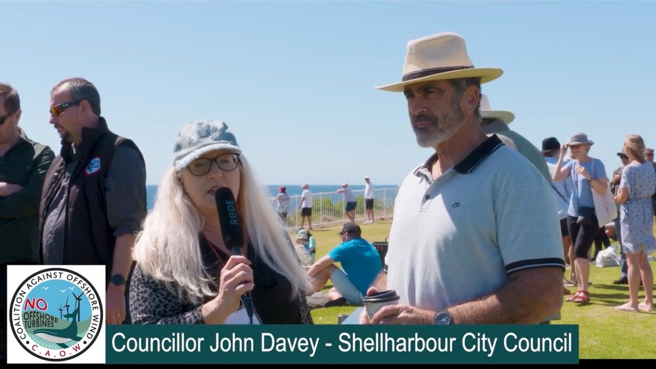 Shellharbour councillors Kellie Marsh and John Davey speaking at a Coalition Against Offshore Wind rally in Wollongong on October 29, 2023. Picture: Supplied